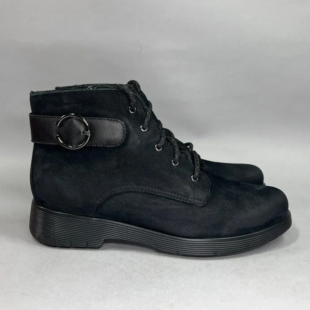 Munro Buckley Boots Women's Size 8.5 Black Nubuck Leather Lace Up Buckle Combat - Picture 1 of 12